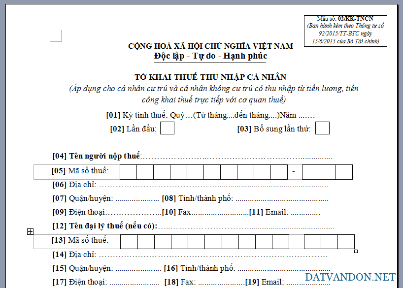 Tờ khai thuế thu nhập cá nhân